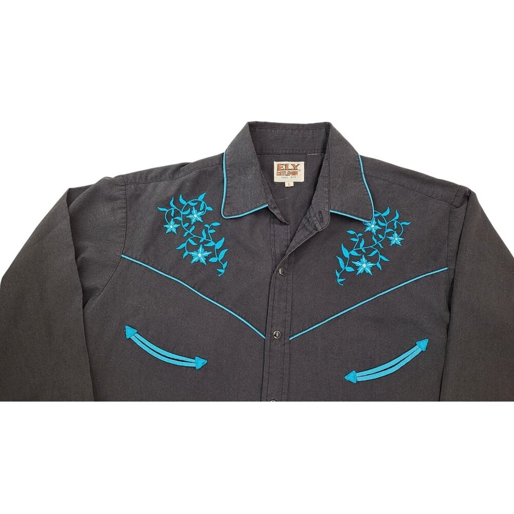 Vintage Ely Cattleman Western Shirt Pearl Snap Men Large Black Blue Embroidered - Picture 3 of 9